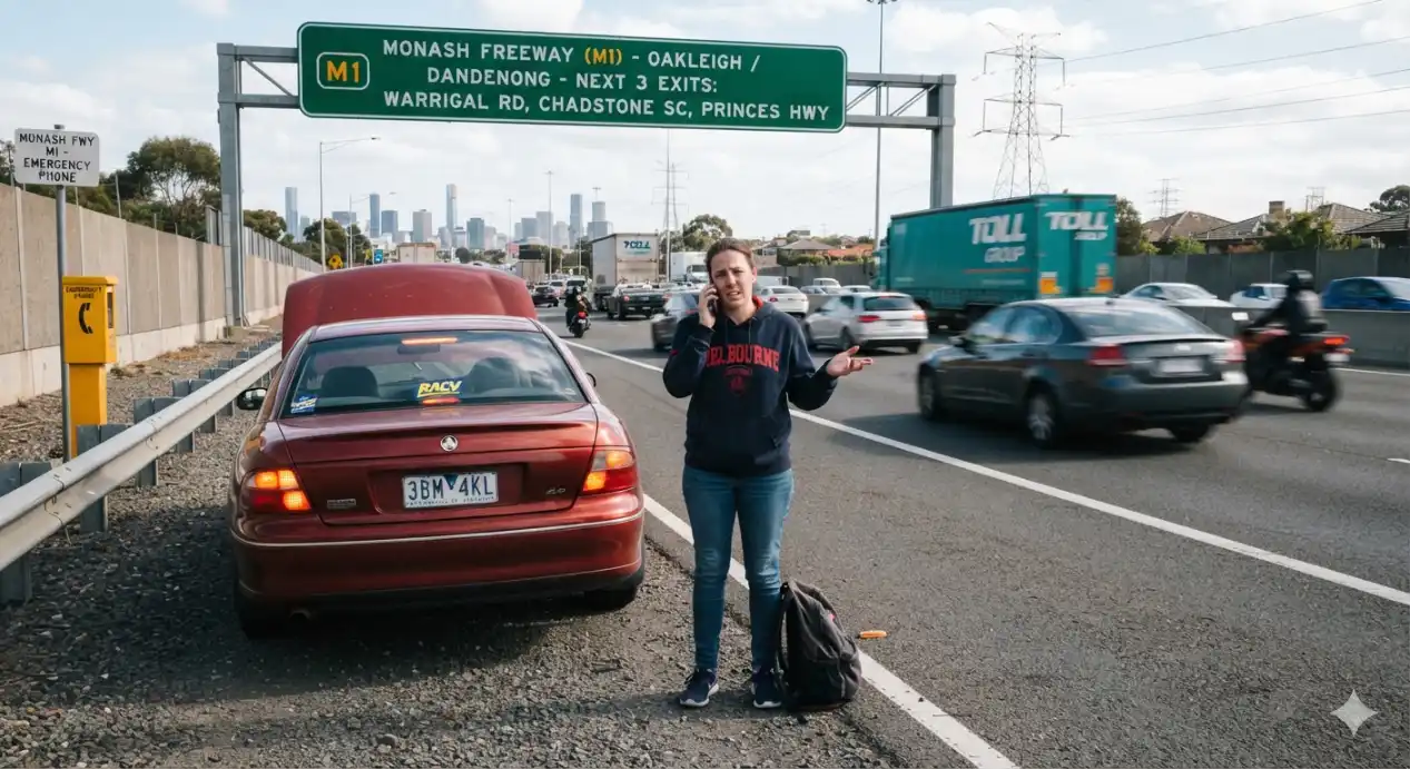 Car broken down on the Monash Freeway with a professional towing truck assisting the driver in Melbourne.