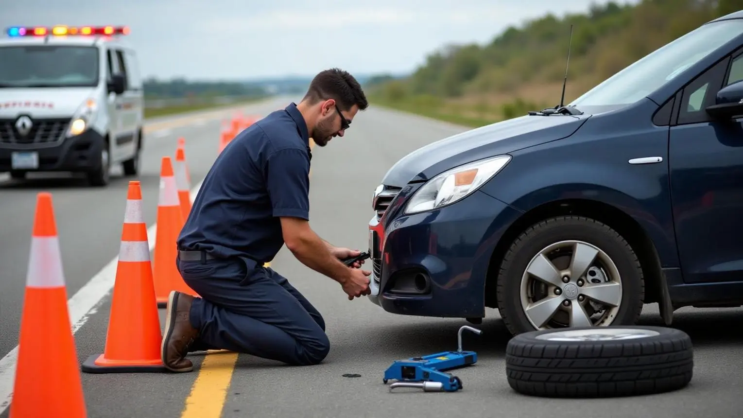 Professional roadside assistance technician safely replacing a flat tyre on the highway using proper equipment and high-visibility safety gear.