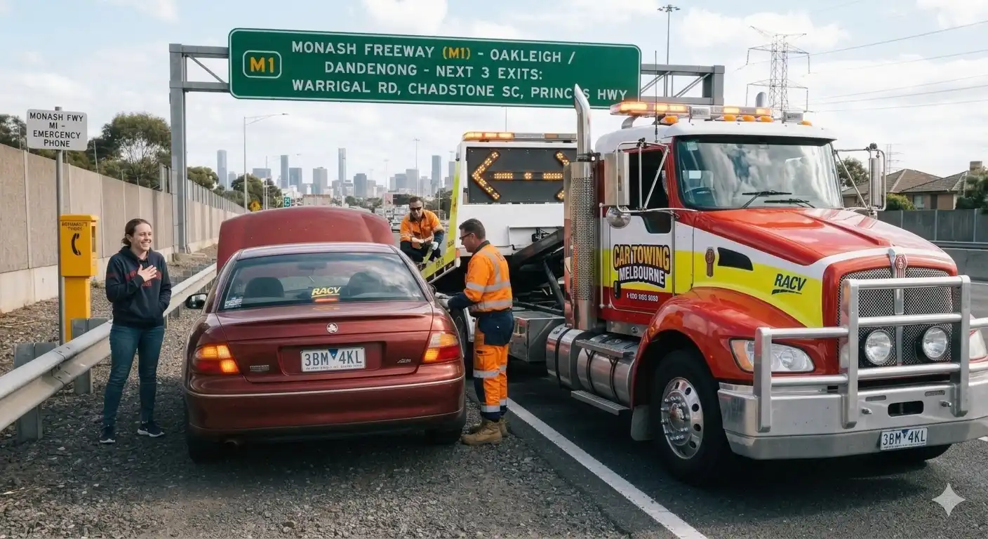 Driver stranded beside a broken-down car on the Monash Freeway while waiting for roadside assistance.