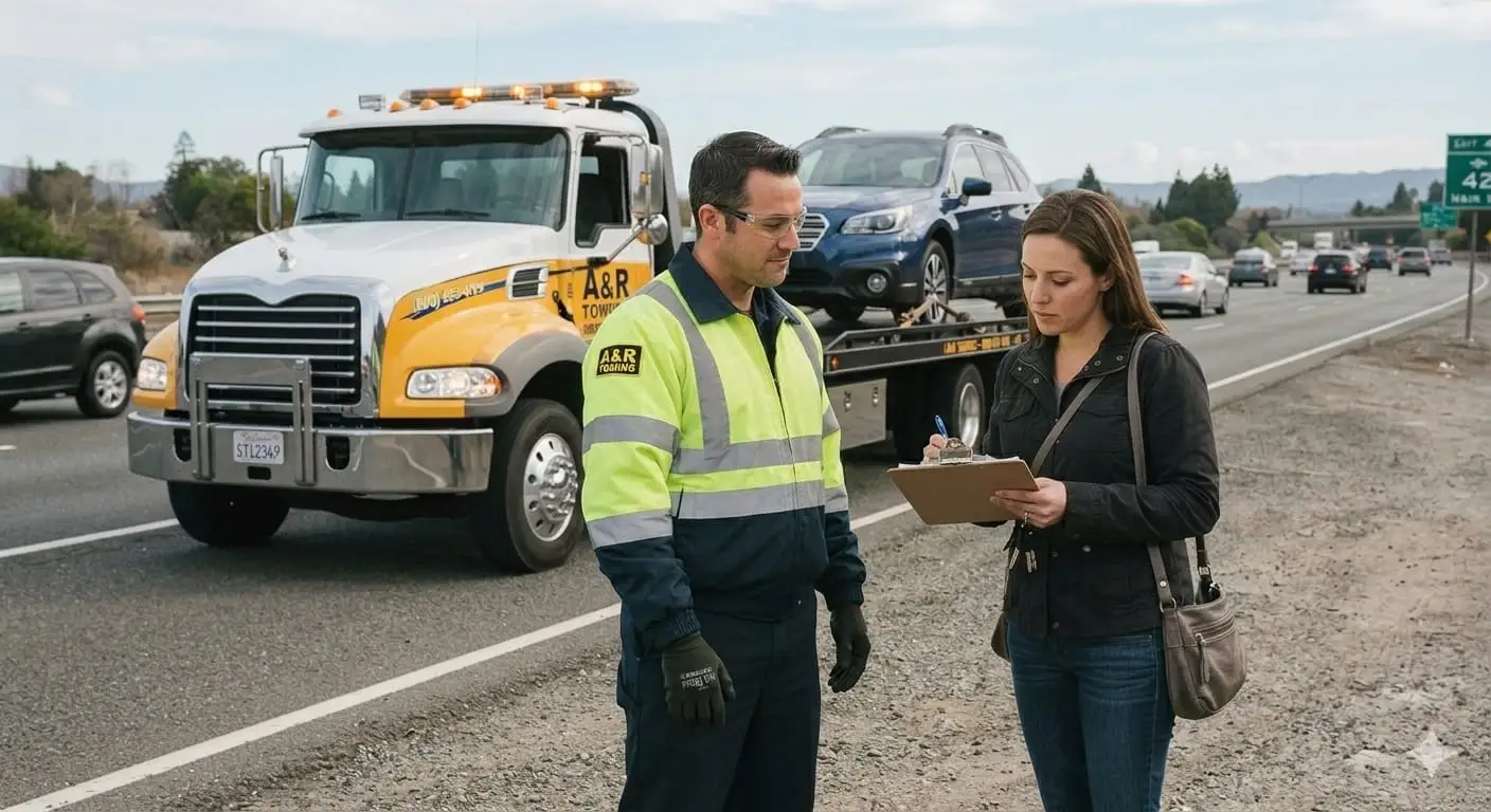 Tow truck operator reviewing paperwork with a customer beside a flatbed carrying an SUV on the highway shoulder.