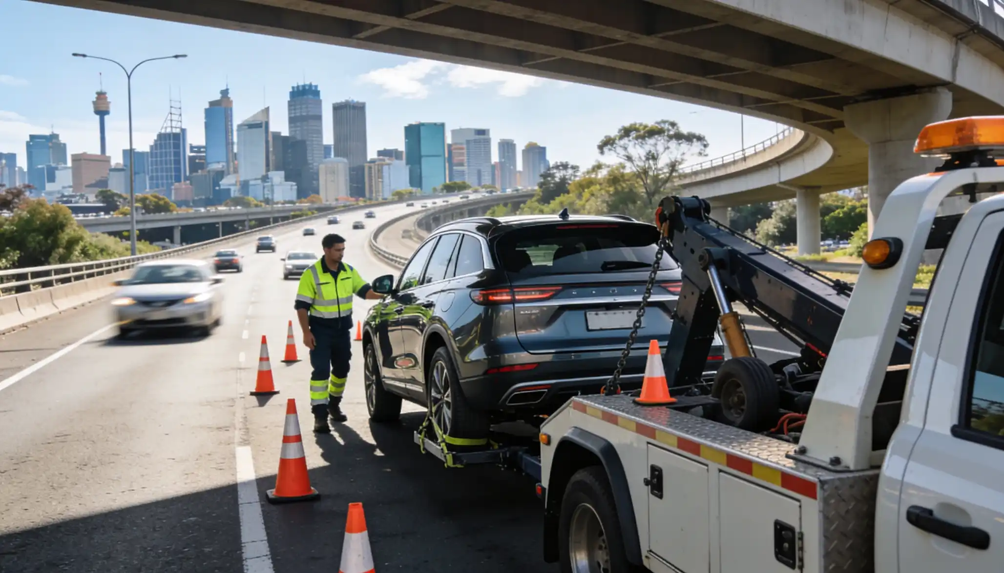 A tow truck loads a dark SUV on a busy urban highway, with a worker in a yellow vest standing nearby and city skyscrapers visible under an overpass.