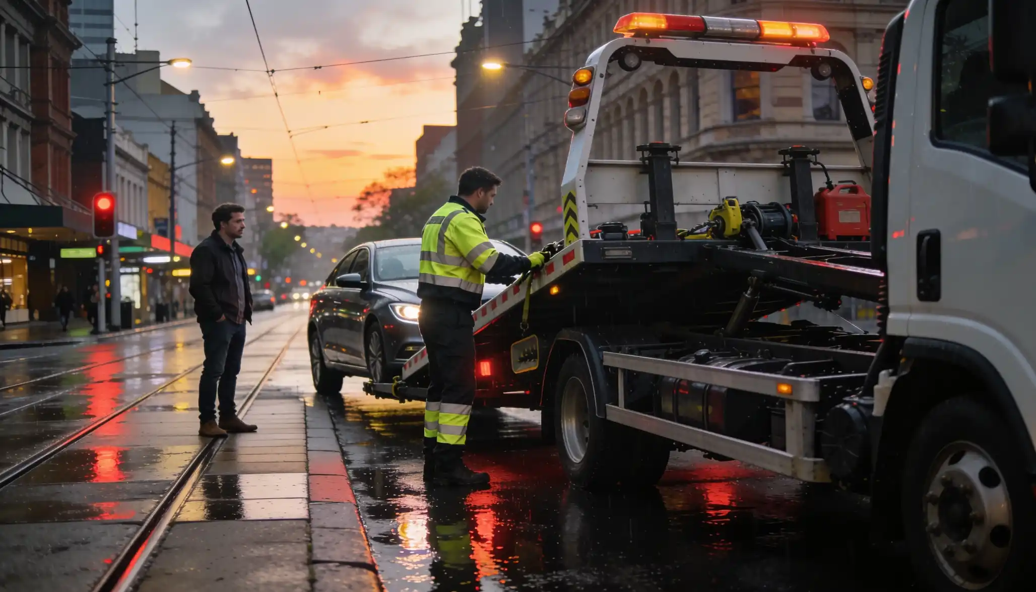 An emergency towing operation on a wet city street in the midst of a dramatic sunrise/dusk. A flatbed tow truck's tilted platform holds a grey sedan car, which appears to be secured and supported safely. A bright high-visibility safety jacket is worn around his shoulders and at the back a tow operator is standing quietly to watch the vehicle. The image includes a close-up of the vehicle's bright red tail lights and the orange sky, creating a striking contrast between the two. The wet road and tram tracks add to the urban atmosphere, highlighting the need for quick and efficient service in difficult environments.
