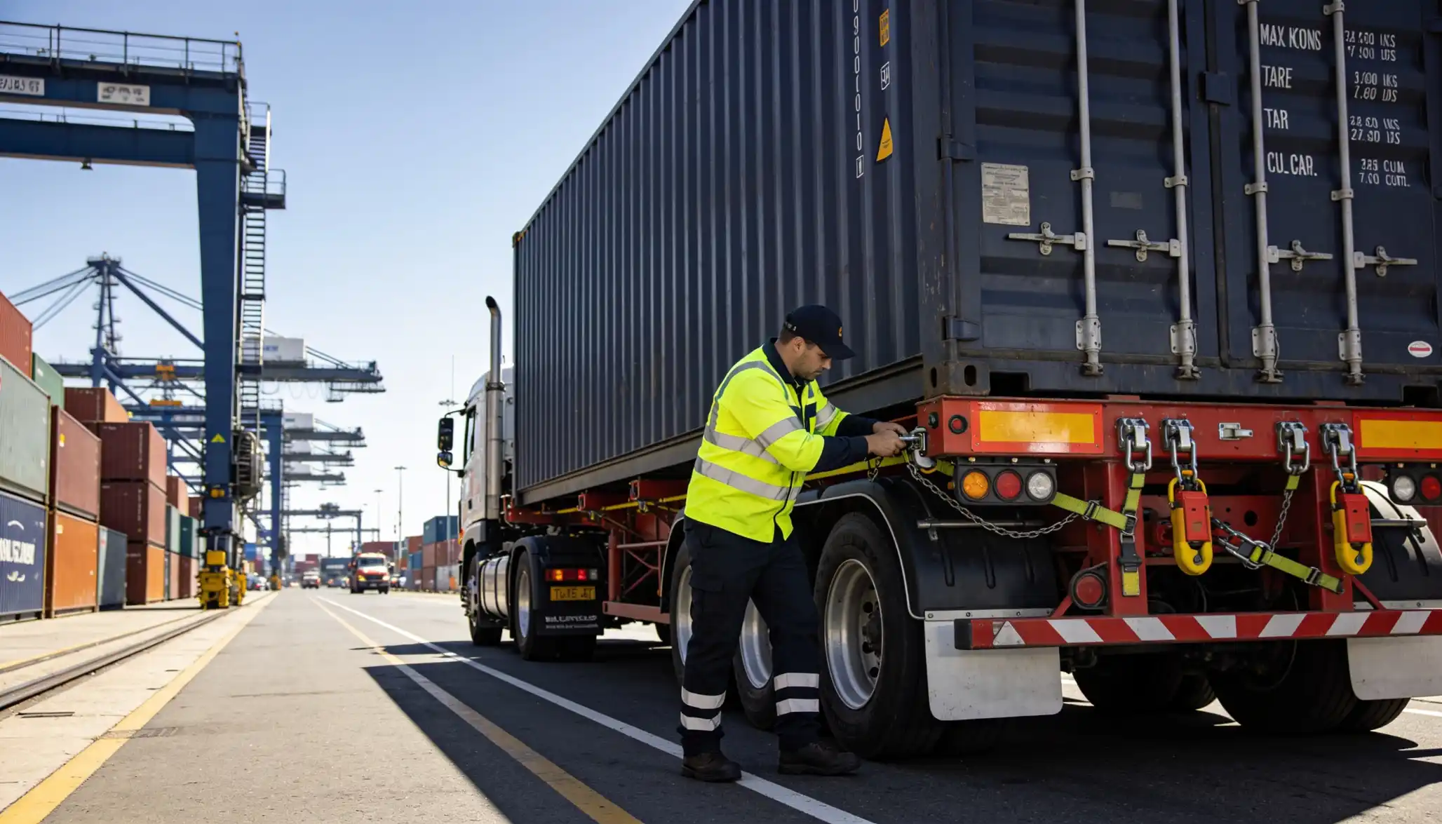 A transport worker is bending down, checking or fixing safety chains at the back of a semi-trailer with a grey shipping container. A truck is parked on an asphalt road within a bustling shipping port. There are colorful cargo containers and large industrial harbor cranes visible in the background, with a clear and bright sky overhead. The background shows blue container cranes standing tall, with cargo containers stacked and other port-related machinery visible.