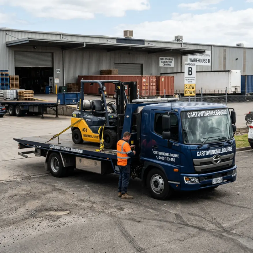 A yellow Cartowing Melbourne tow truck loads a yellow forklift, assisted by two workers at a busy industrial logistics facility.